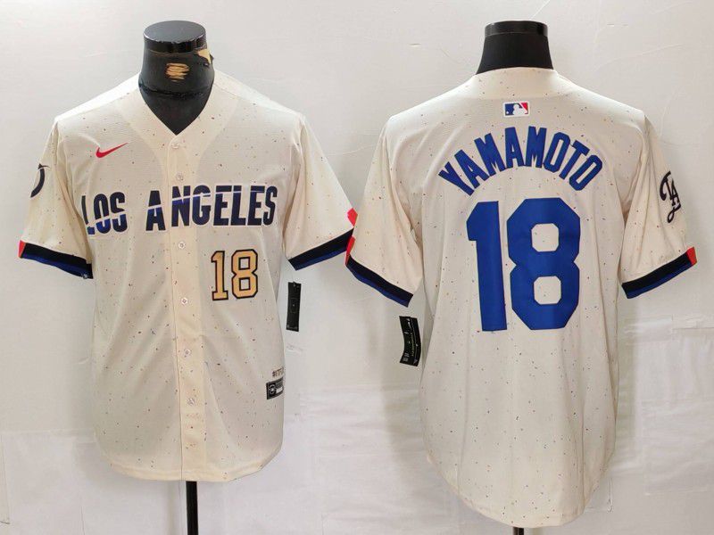 Men Los Angeles Dodgers #18 Yamamoto Cream Fashion Nike Game MLB Jersey style 31